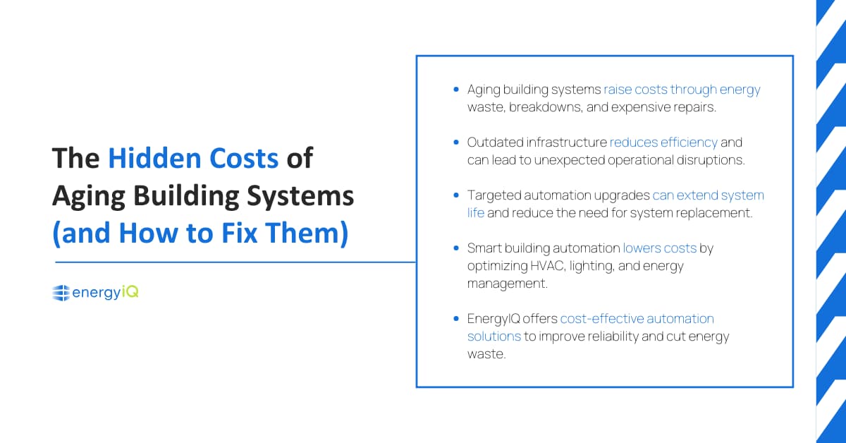 Key takeaways: Aging building systems raise costs through energy waste, breakdowns, and expensive repairs. Outdated infrastructure reduces efficiency and can lead to unexpected operational disruptions. Targeted automation upgrades can extend system life and reduce the need for system replacement. Smart building automation lowers costs by optimizing HVAC, lighting, and energy management. EnergyIQ offers cost-effective automation solutions to improve reliability and cut energy waste. 